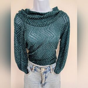 Teal Chevron Knit Cowl Neck Sweater